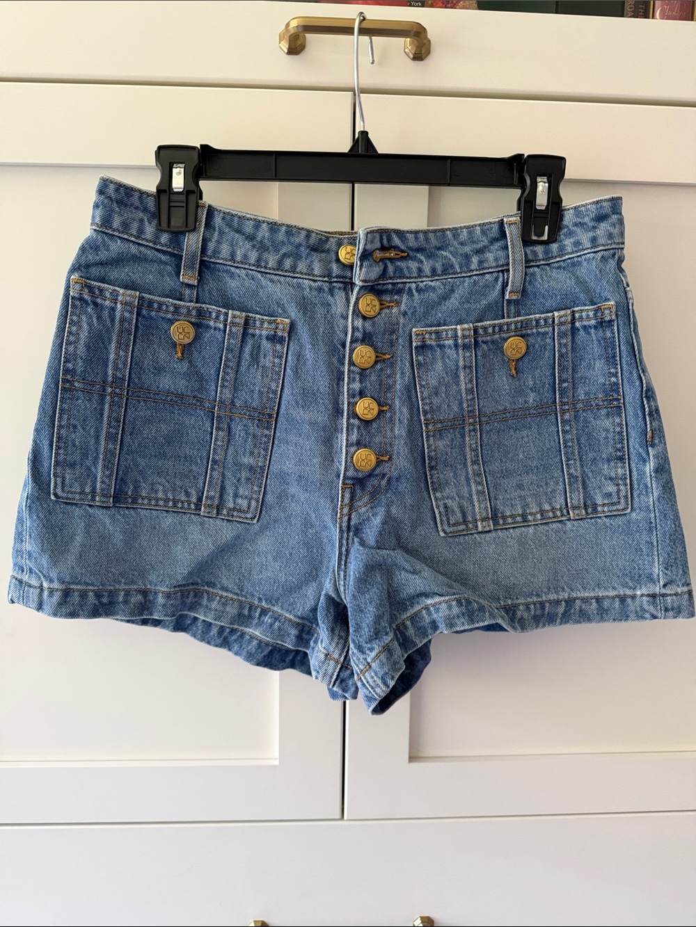 High-Rise Blue Denim Women's Shorts with Front Patch Pockets